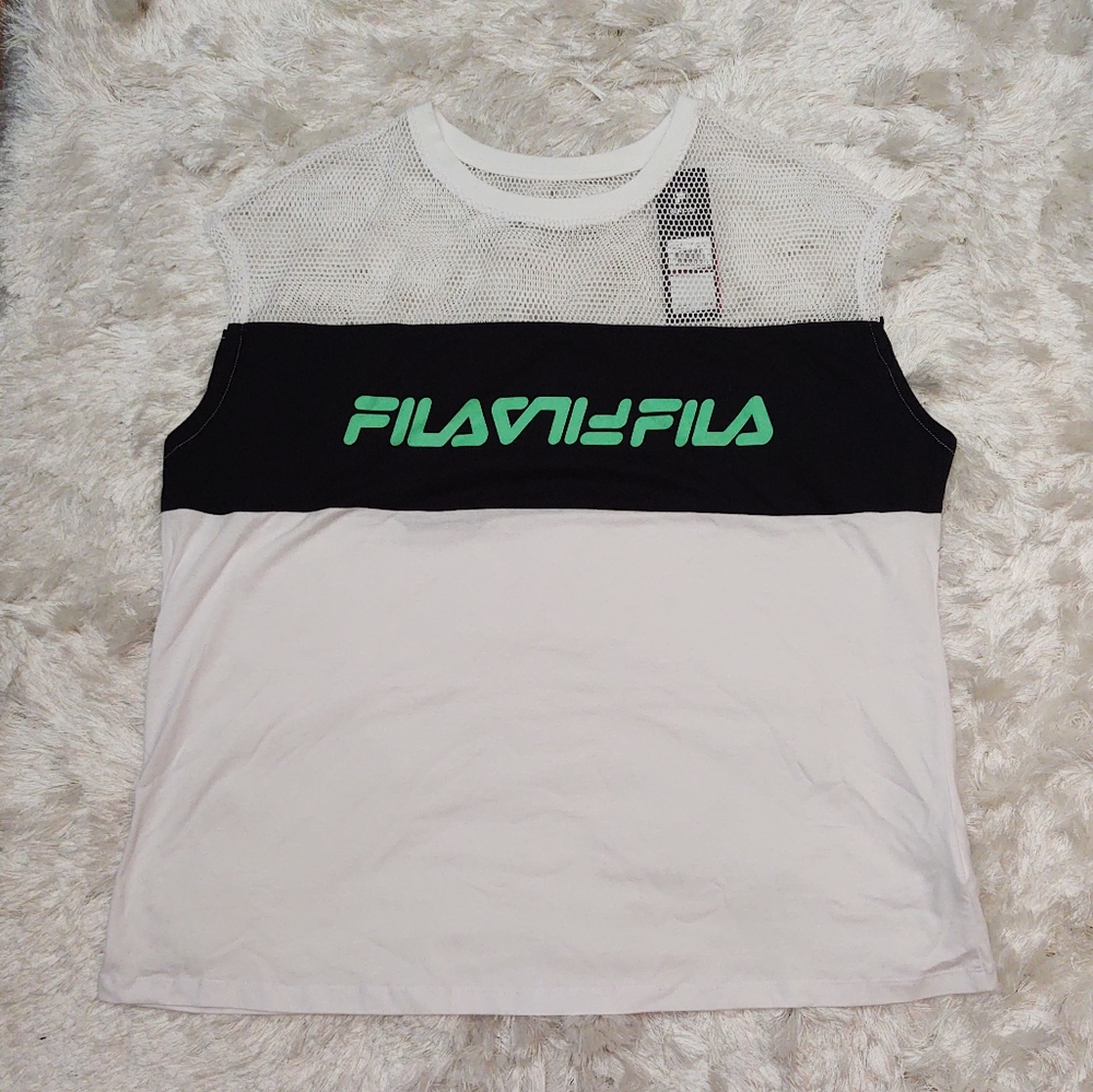 Fila Women's White & Black Mesh-Top Sleeveless Logo Tank